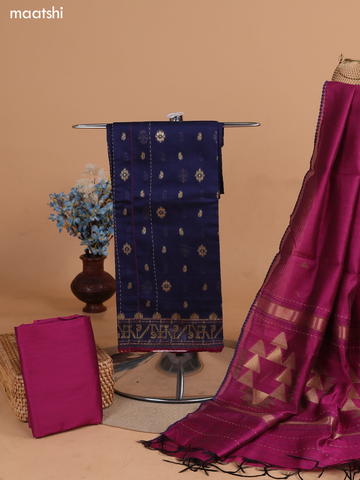 Navy Blue and Magenta Pink Chanderi Dress Material With Thread Weaves & Kantha Stitch Work Pattern and Bottom & Dupatta