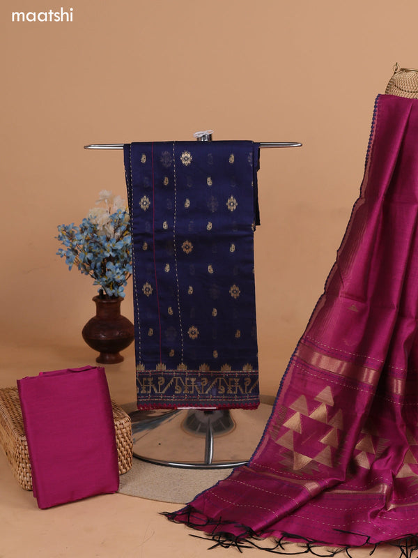 Navy Blue and Magenta Pink Chanderi Dress Material With Thread Weaves & Kantha Stitch Work Pattern and Bottom & Dupatta