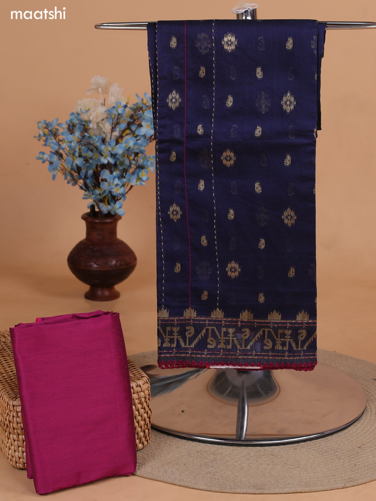 Navy Blue and Magenta Pink Chanderi Dress Material With Thread Weaves & Kantha Stitch Work Pattern and Bottom & Dupatta