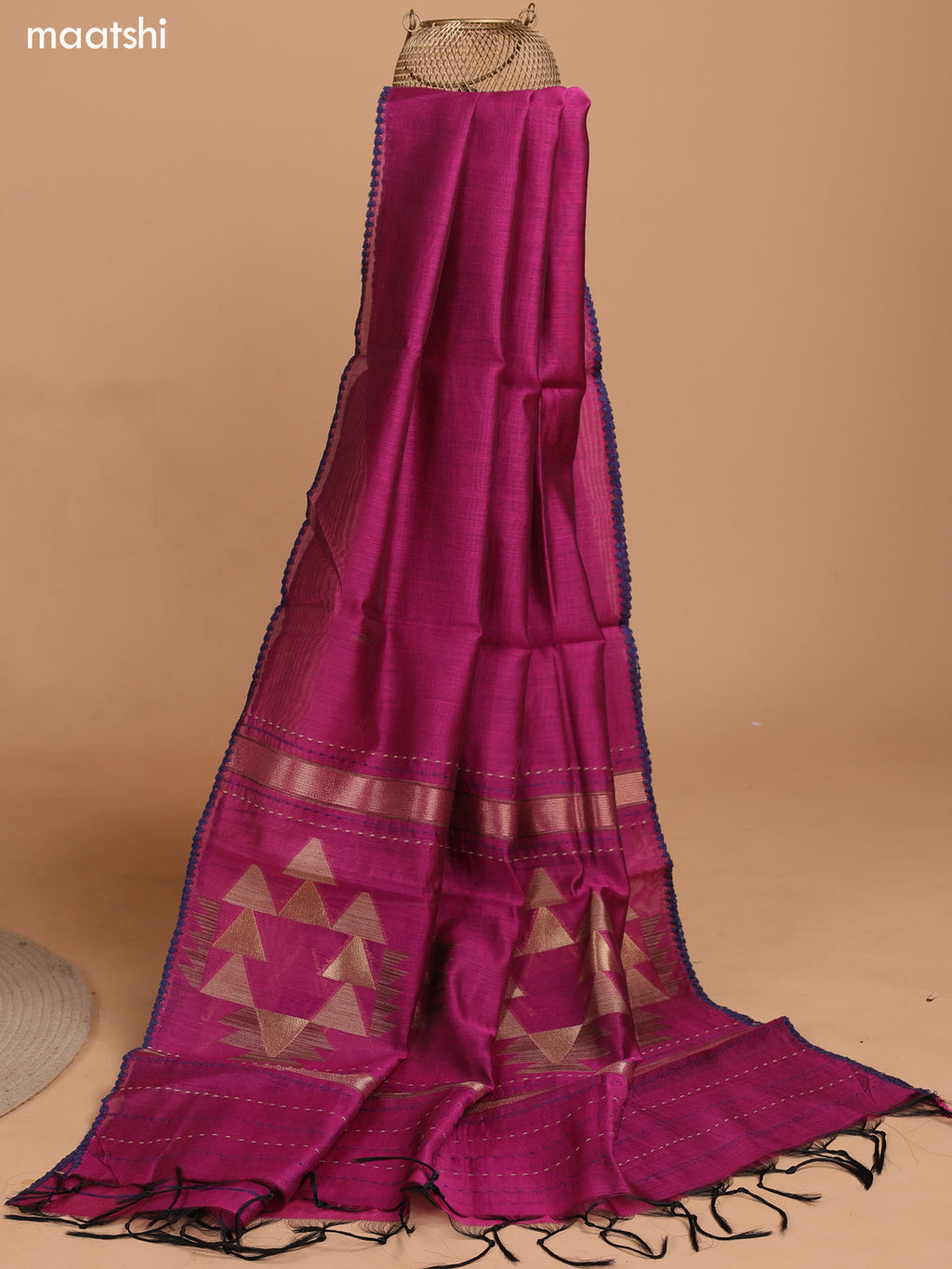 Navy Blue and Magenta Pink Chanderi Dress Material With Thread Weaves & Kantha Stitch Work Pattern and Bottom & Dupatta