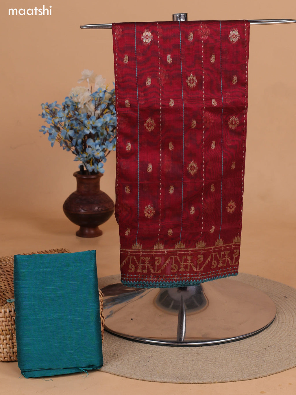 Maroon and Peacock Green Chanderi Dress Material With Thread Weaves & Kantha Stitch Work Pattern and Bottom & Dupatta
