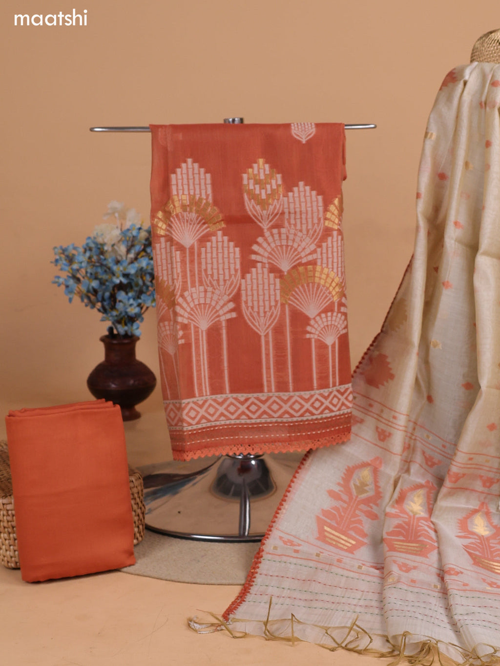 Rust Shade and Biege Chanderi Dress Material With Thread Weaves & Kantha Stitch Work Border and Bottom & Dupatta
