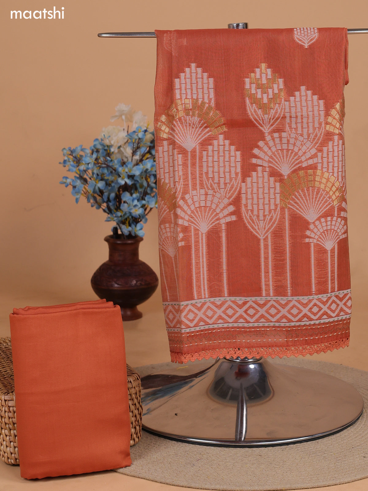 Rust Shade and Biege Chanderi Dress Material With Thread Weaves & Kantha Stitch Work Border and Bottom & Dupatta