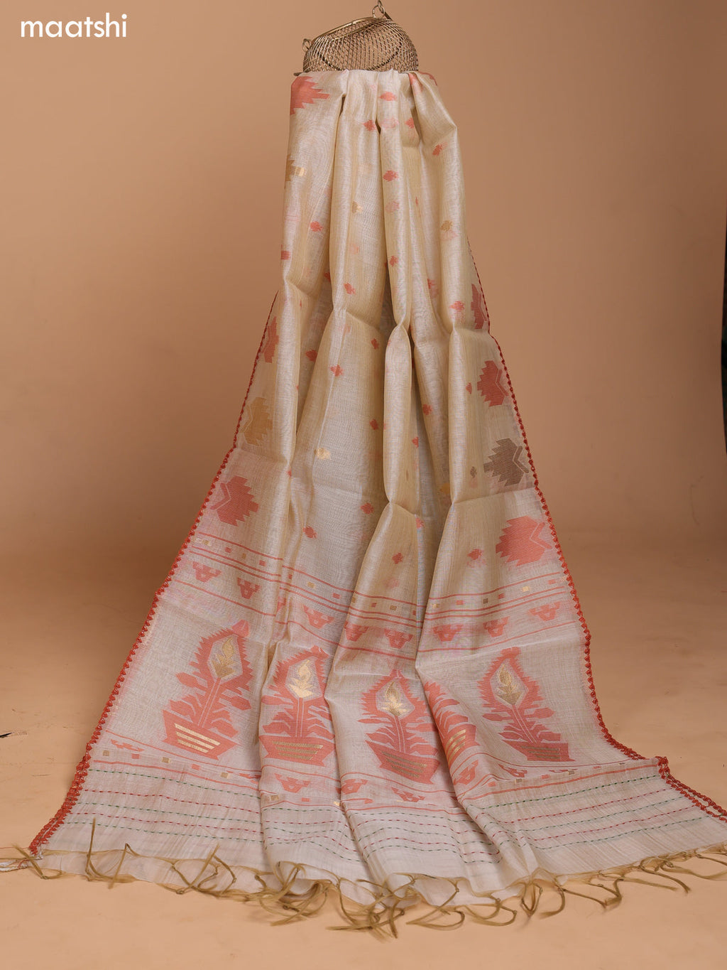 Rust Shade and Biege Chanderi Dress Material With Thread Weaves & Kantha Stitch Work Border and Bottom & Dupatta