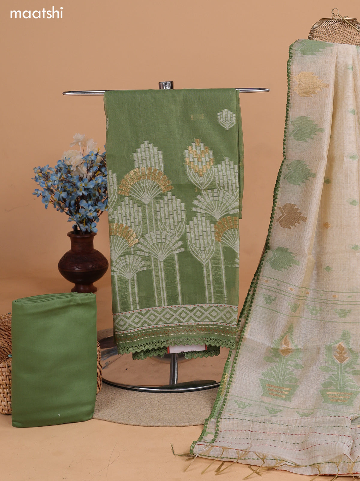 Green and Biege Chanderi Dress Material With Thread Weaves & Kantha Stitch Work Border and Bottom & Dupatta