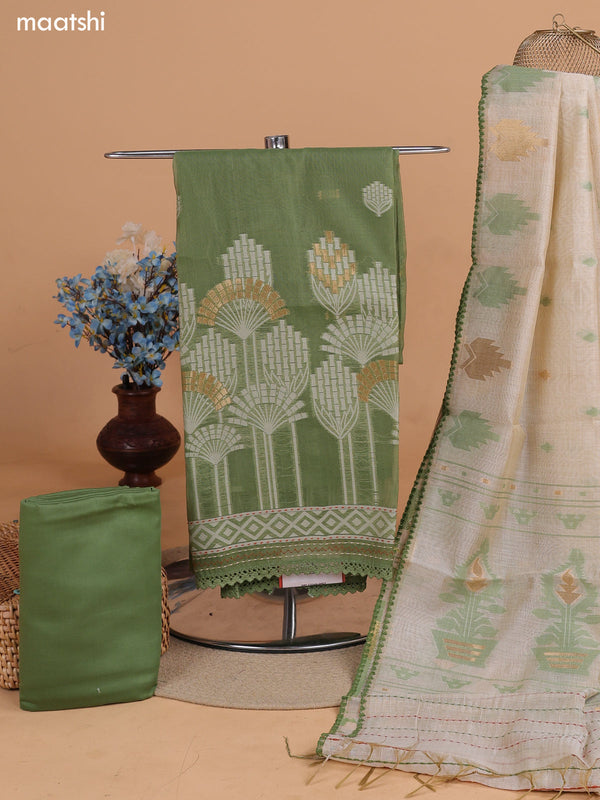 Green and Biege Chanderi Dress Material With Thread Weaves & Kantha Stitch Work Border and Bottom & Dupatta