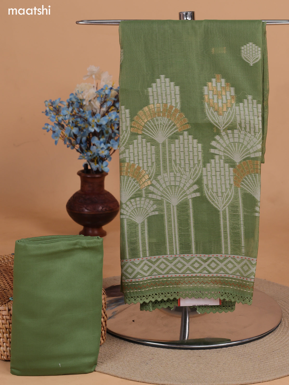 Green and Biege Chanderi Dress Material With Thread Weaves & Kantha Stitch Work Border and Bottom & Dupatta