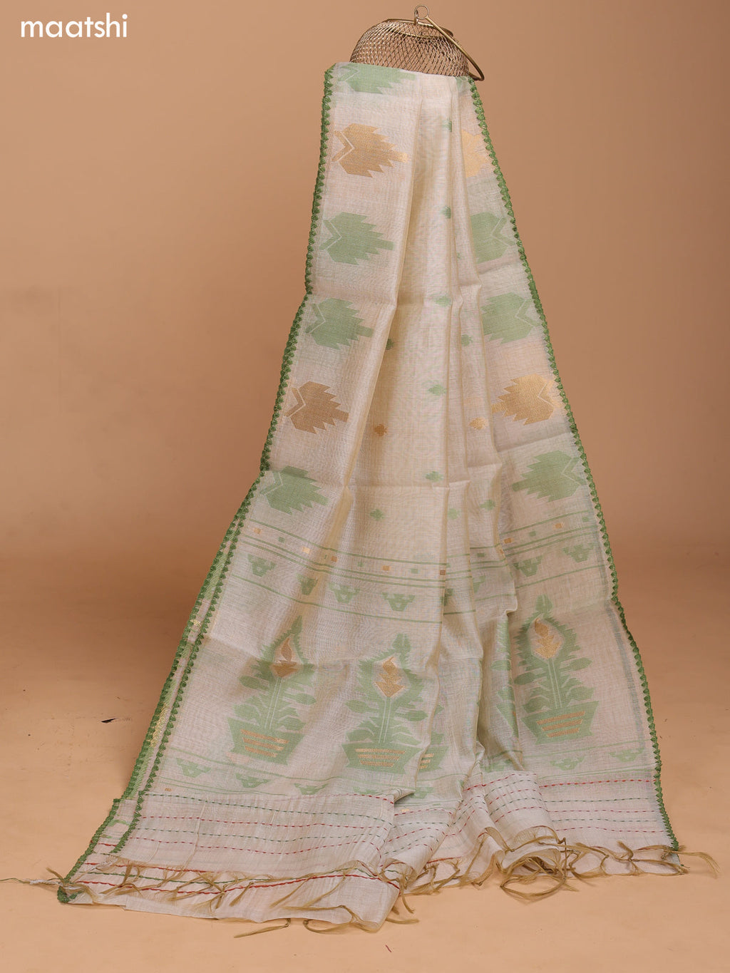 Green and Biege Chanderi Dress Material With Thread Weaves & Kantha Stitch Work Border and Bottom & Dupatta