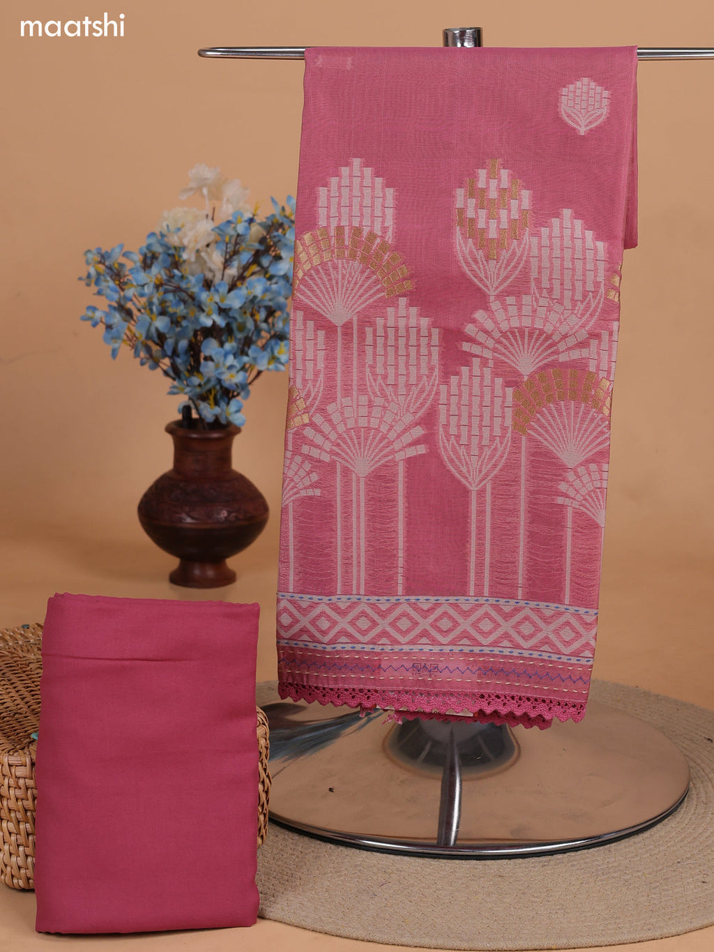 Mauve Pink and Biege Chanderi Dress Material With Thread Weaves & Kantha Stitch Work Border and Bottom & Dupatta