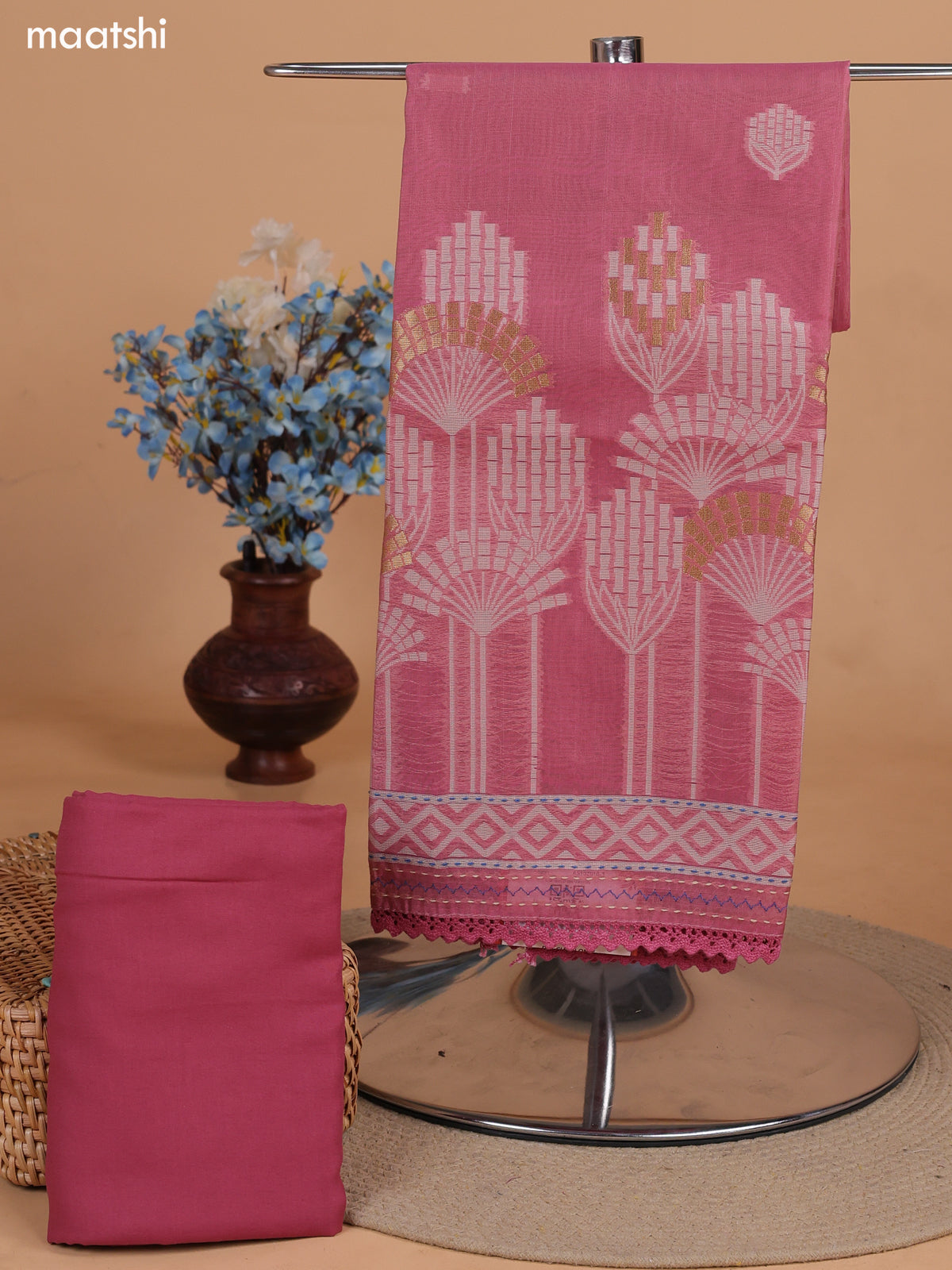 Mauve Pink and Biege Chanderi Dress Material With Thread Weaves & Kantha Stitch Work Border and Bottom & Dupatta