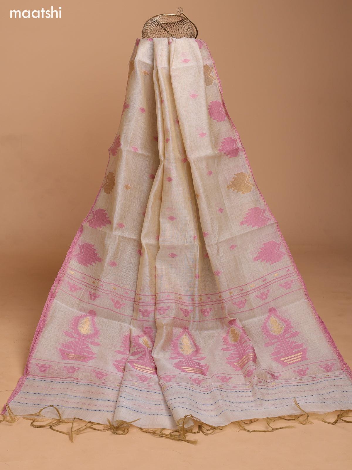 Mauve Pink and Biege Chanderi Dress Material With Thread Weaves & Kantha Stitch Work Border and Bottom & Dupatta