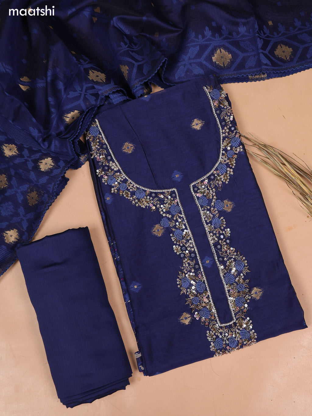 Navy Blue Chanderi Dress Material and Bottom & Dupatta