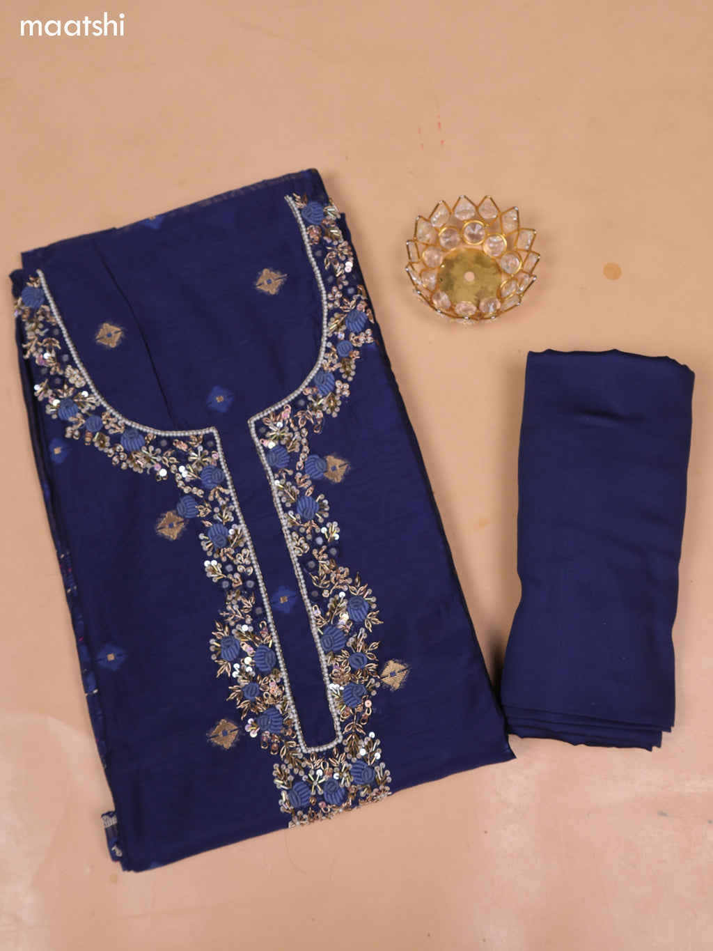Navy Blue Chanderi Dress Material and Bottom & Dupatta