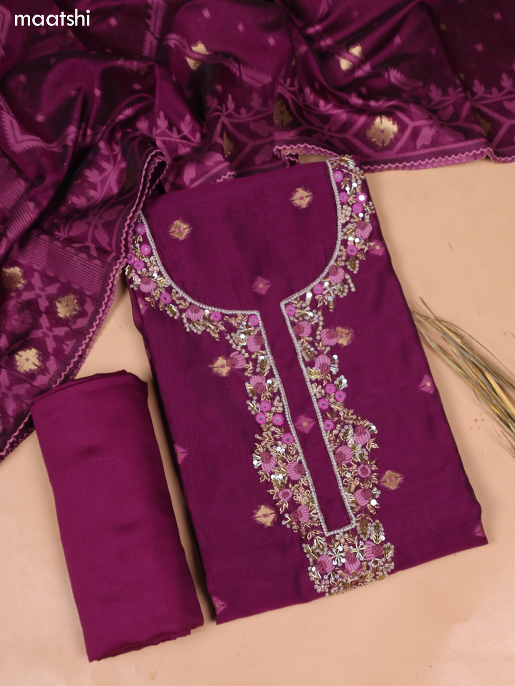 Purple Chanderi Dress Material and Bottom & Dupatta