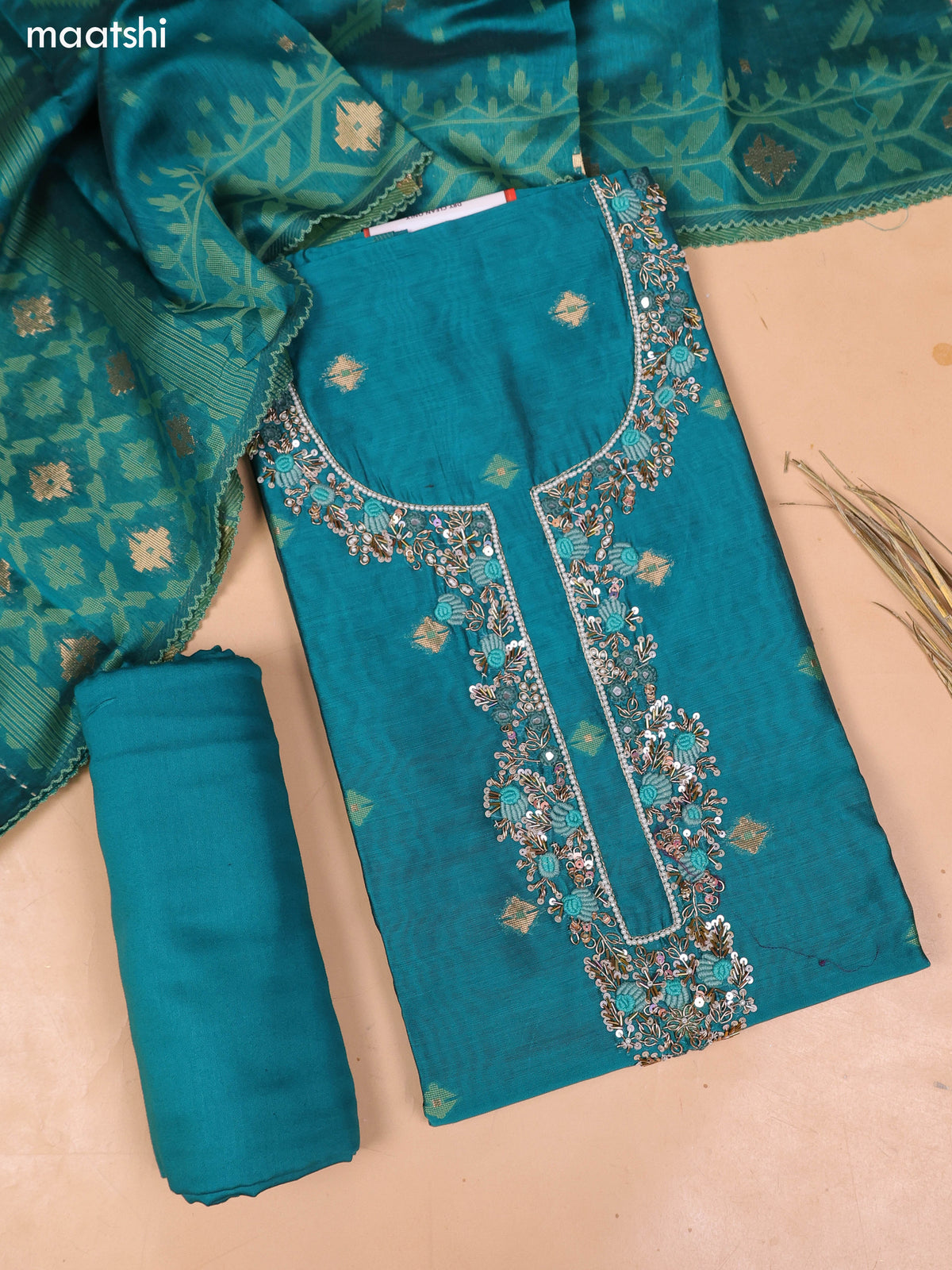 Green Chanderi Dress Material and Bottom & Dupatta
