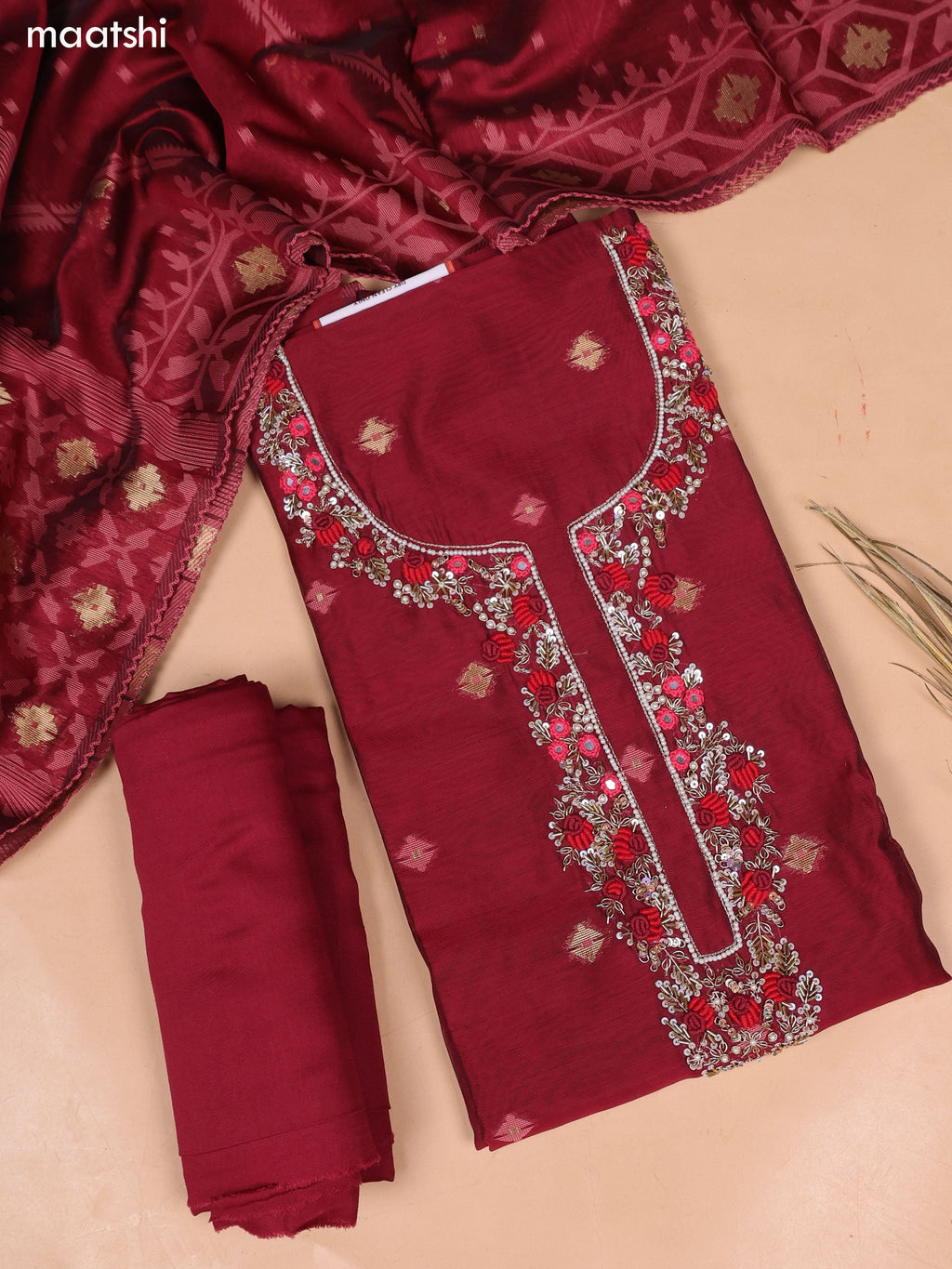 Maroon Chanderi Dress Material and Bottom & Dupatta