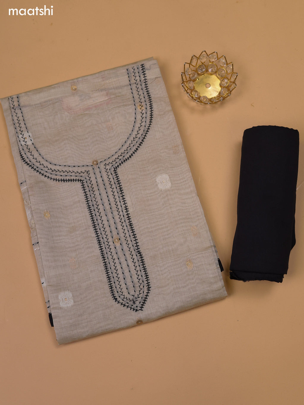 Beige and Black Chanderi Dress Material With Kantha Stitch Work and Bottom & Dupatta