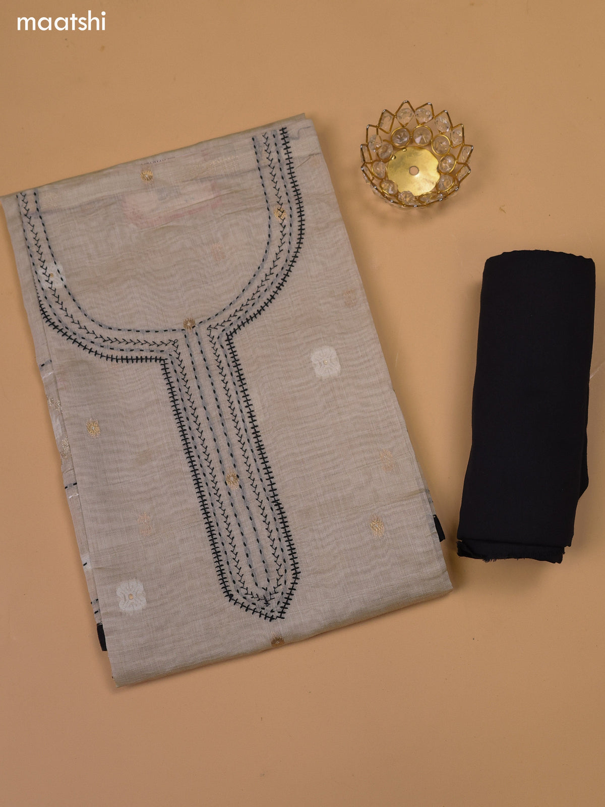 Beige and Black Chanderi Dress Material With Kantha Stitch Work and Bottom & Dupatta