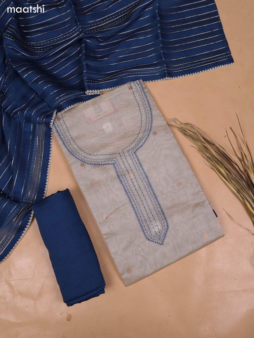 Beige and Teal Blue Chanderi Dress Material With Kantha Stitch Work and Bottom & Dupatta