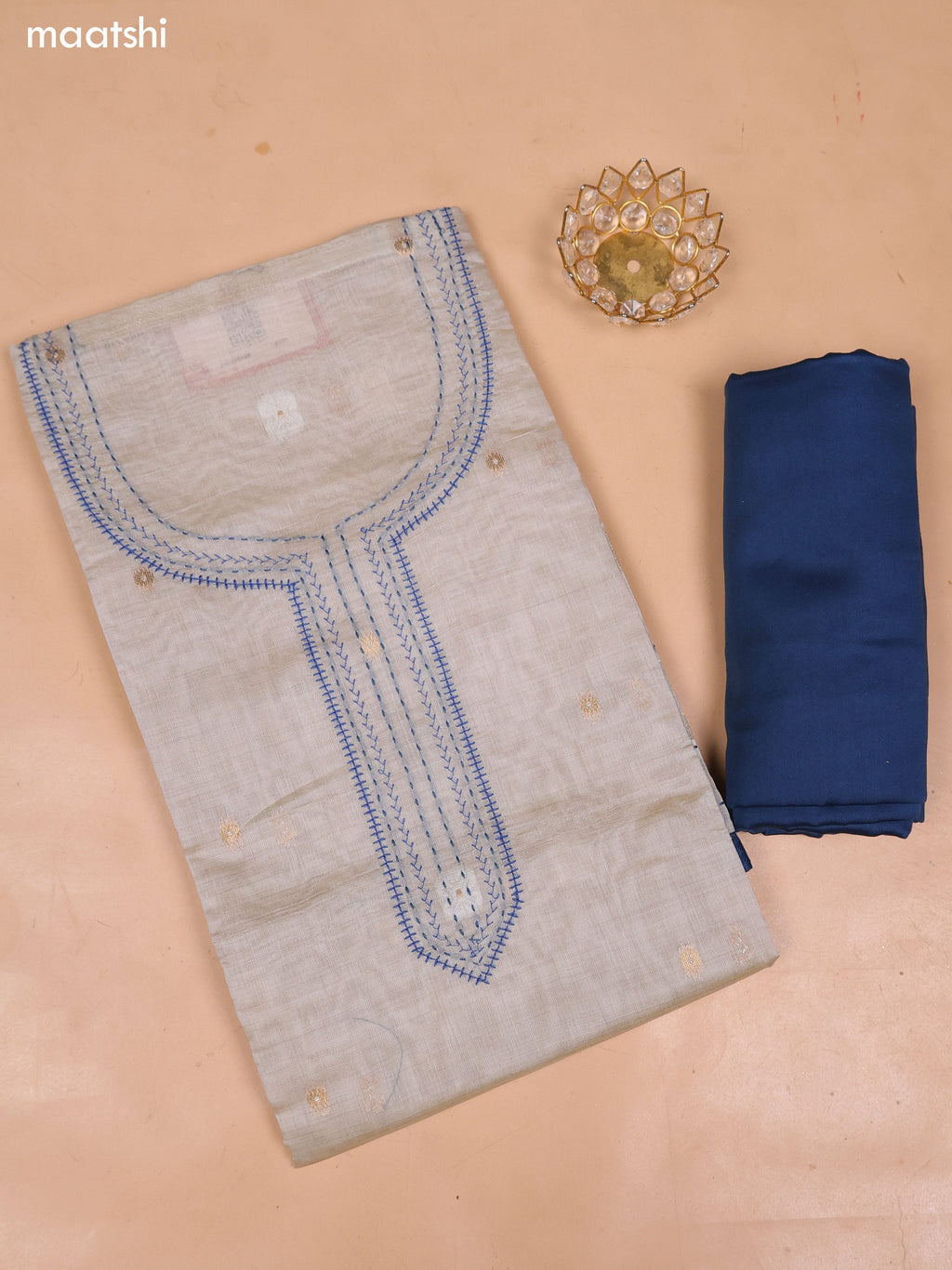 Beige and Teal Blue Chanderi Dress Material With Kantha Stitch Work and Bottom & Dupatta