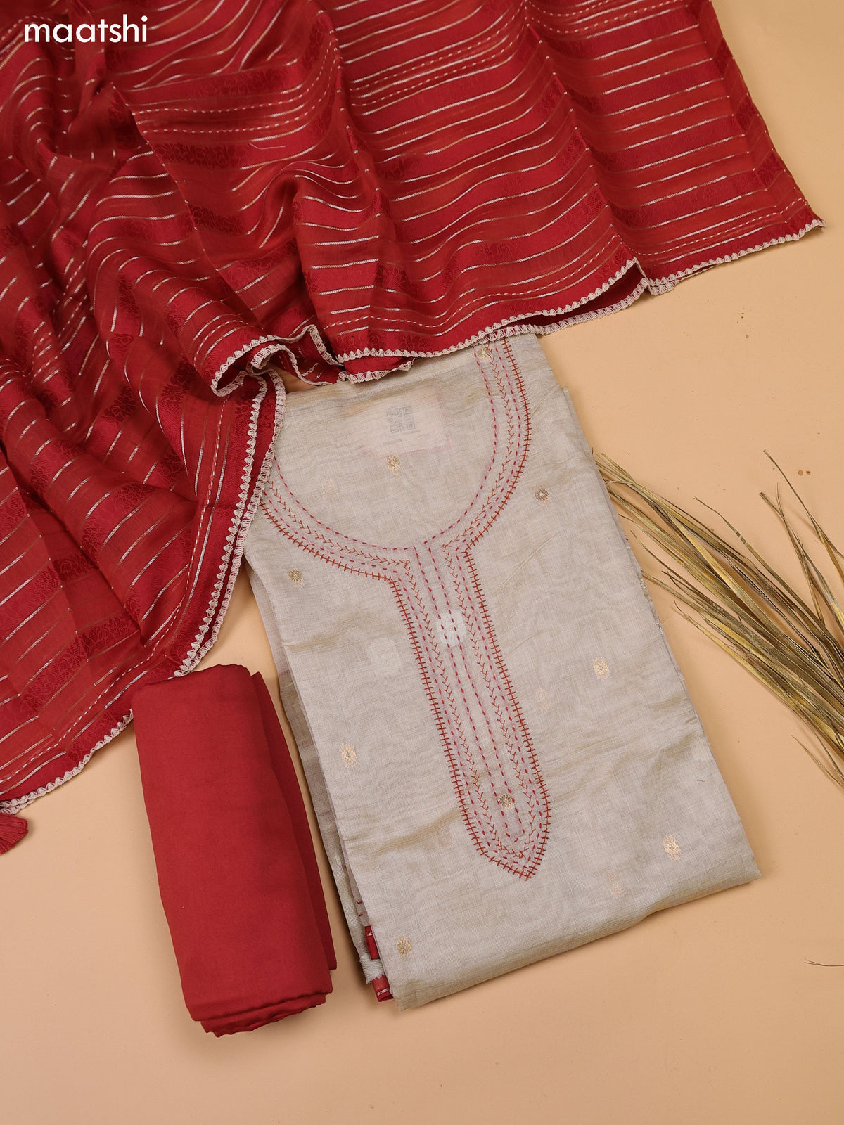 Beige and Rust Chanderi Dress Material and Bottom & Dupatta
