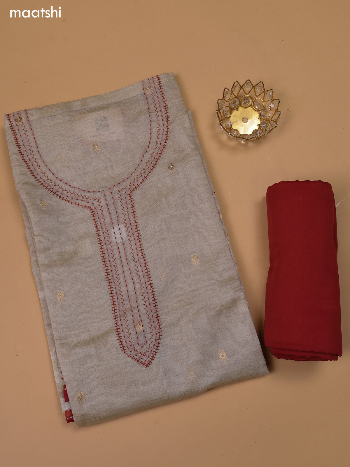 Beige and Rust Chanderi Dress Material and Bottom & Dupatta