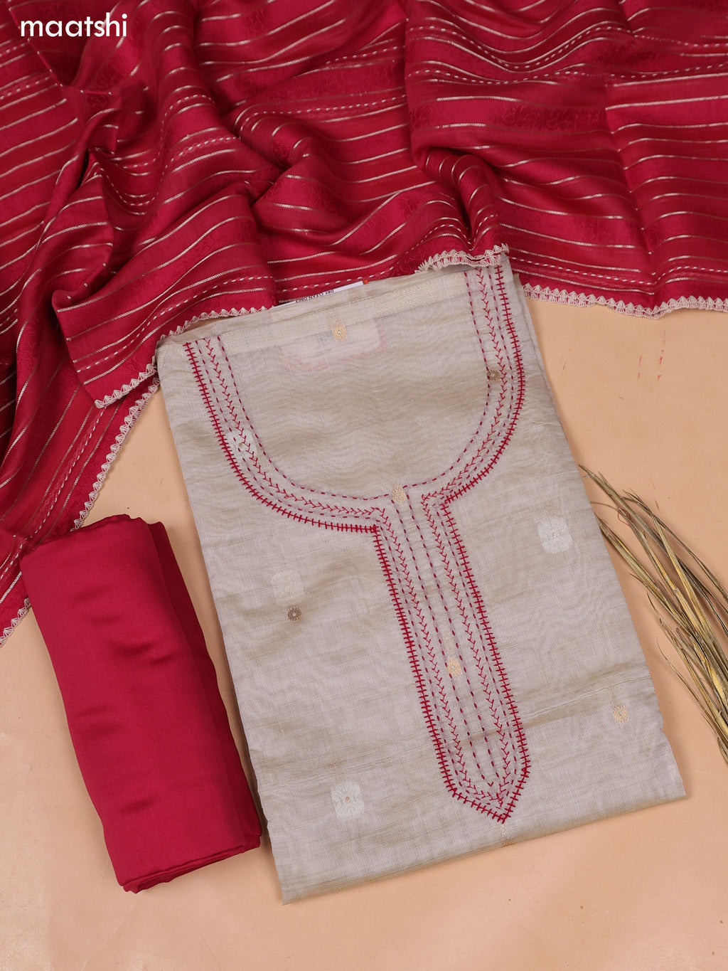 Beige and Red Chanderi Dress Material and Bottom & Dupatta