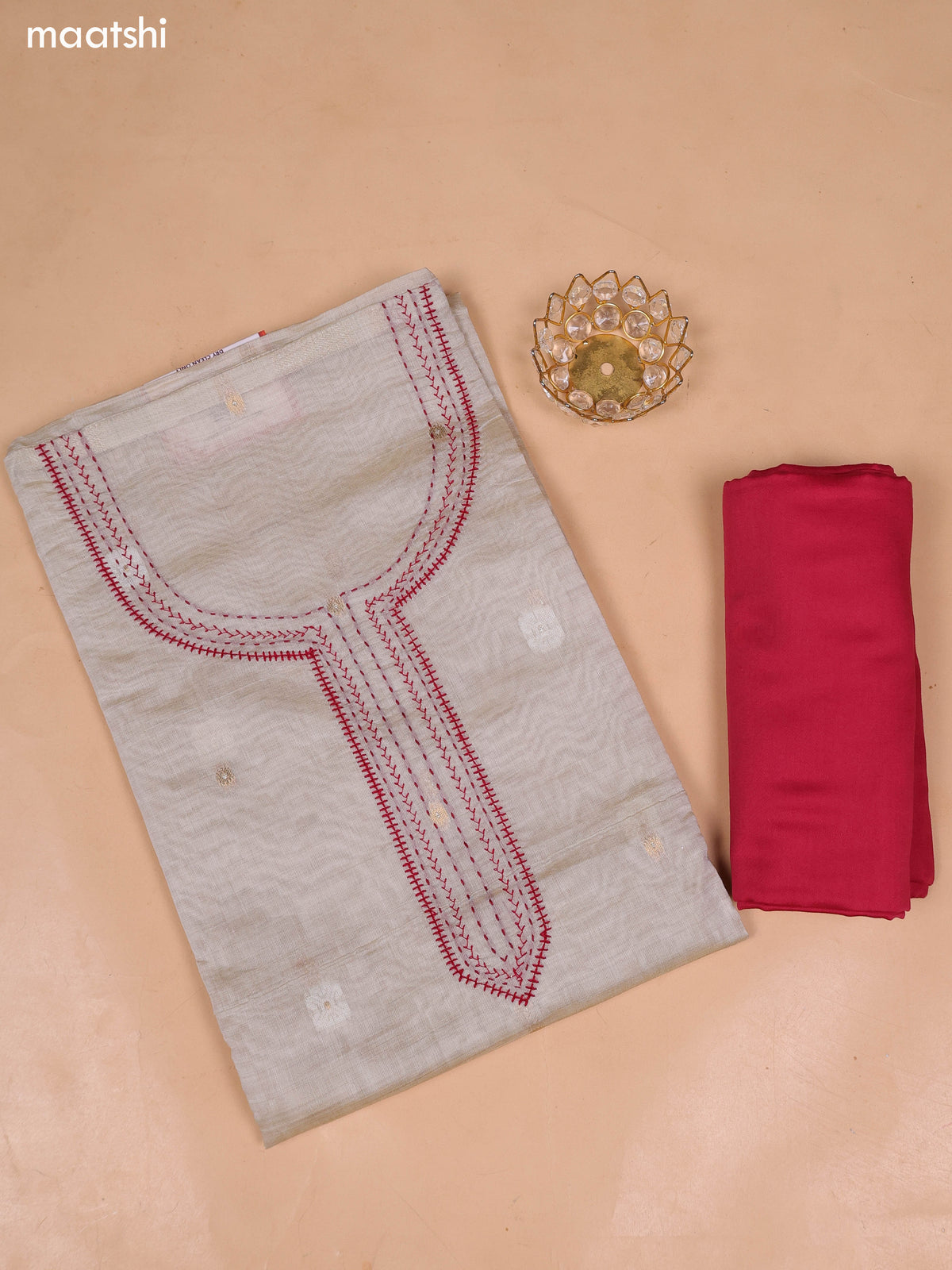 Beige and Red Chanderi Dress Material and Bottom & Dupatta