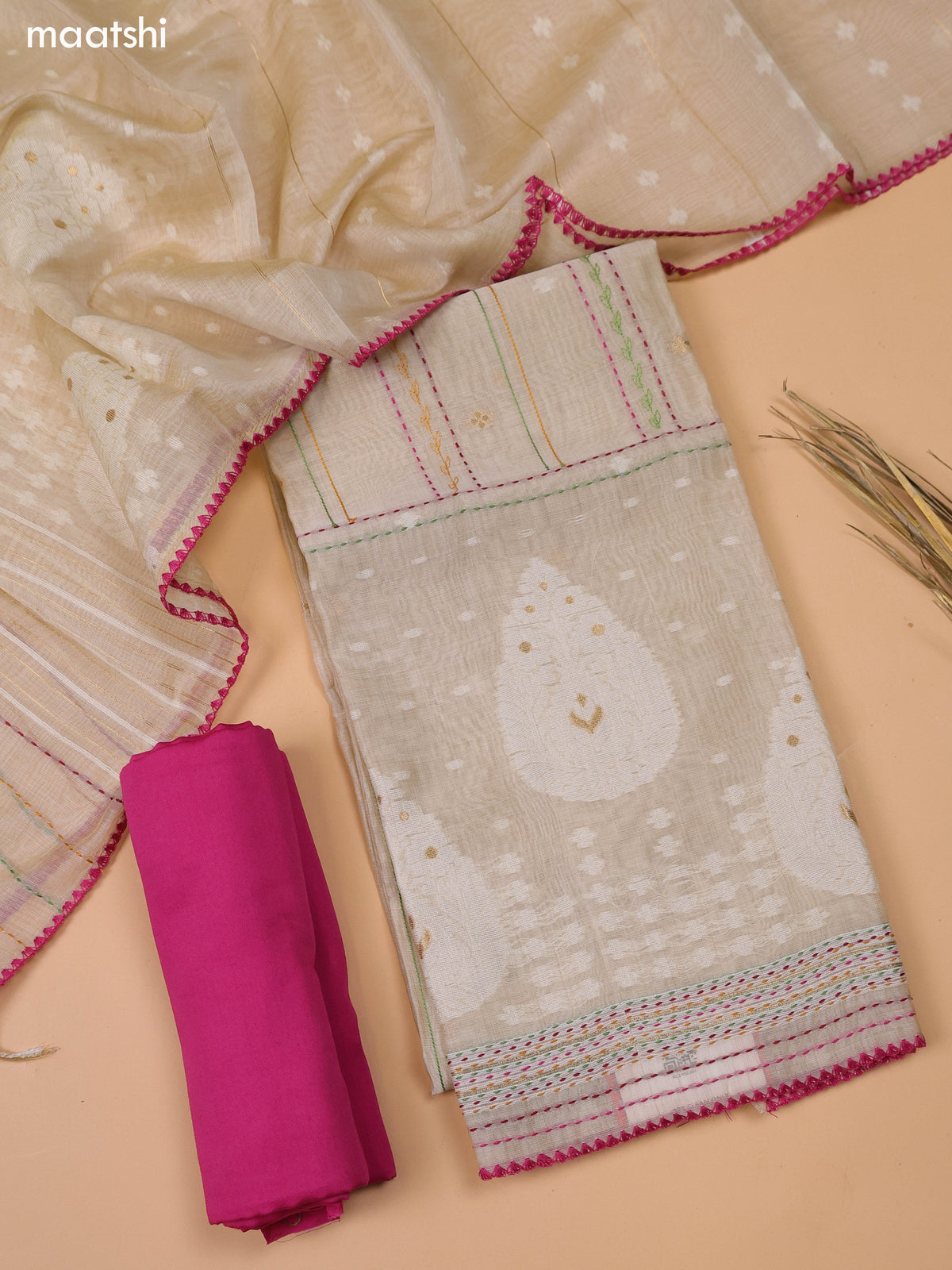 Beige and Magenta Pink Chanderi Dress Material and Bottom & Dupatta