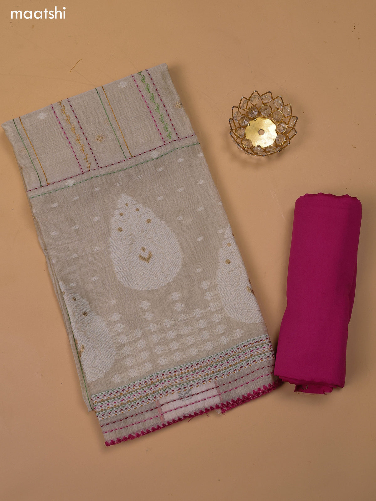 Beige and Magenta Pink Chanderi Dress Material and Bottom & Dupatta