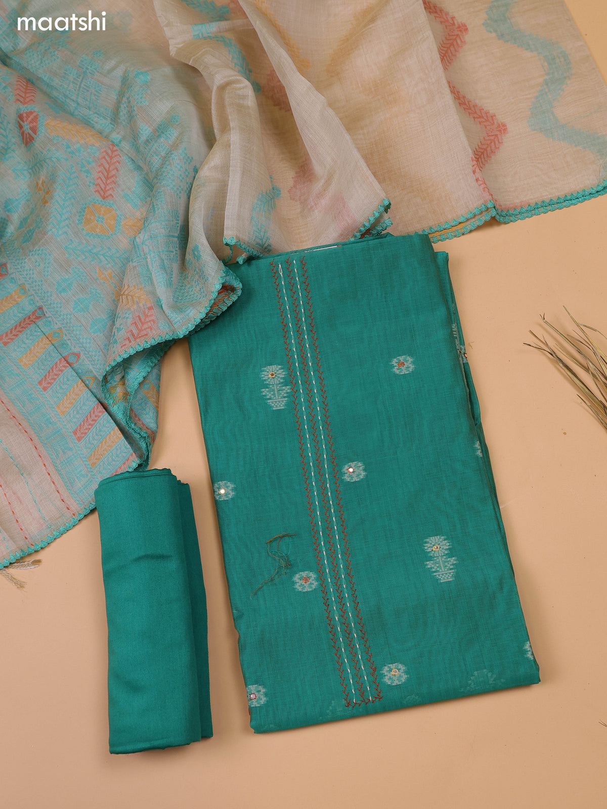 Green and Beige Chanderi Dress Material and Bottom & Dupatta