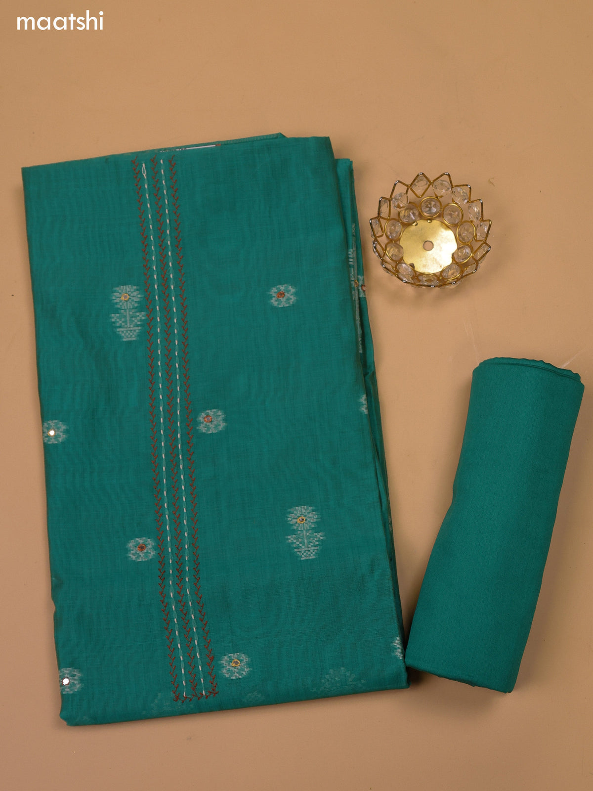 Green and Beige Chanderi Dress Material and Bottom & Dupatta