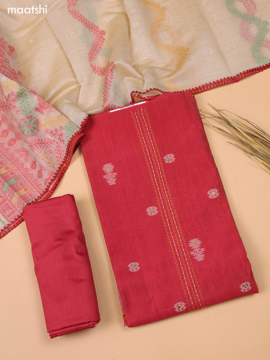 Red and Beige Chanderi Dress Material and Bottom & Dupatta