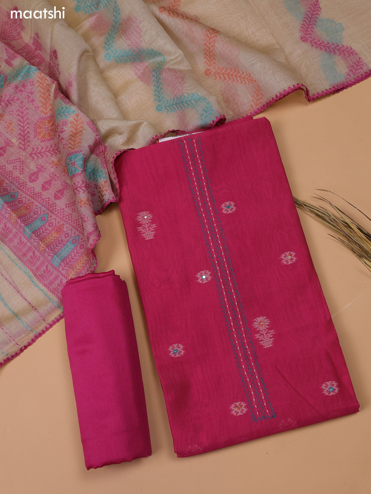 Dark Pink and Beige Chanderi Dress Material and Bottom & Dupatta