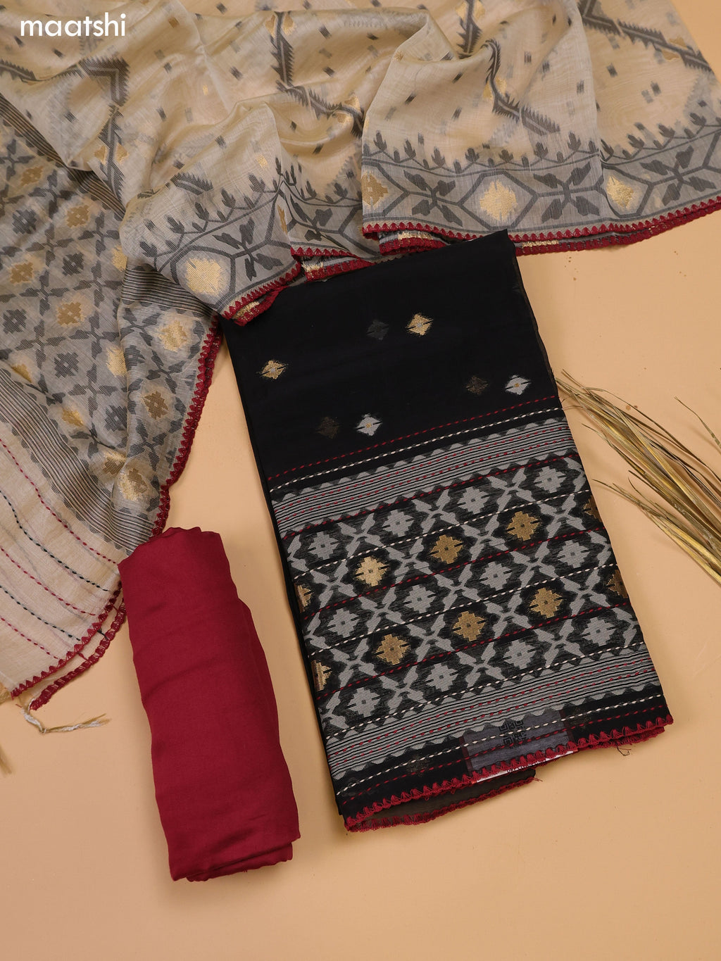 Black and Maroon Chanderi Dress Material and Bottom & Dupatta
