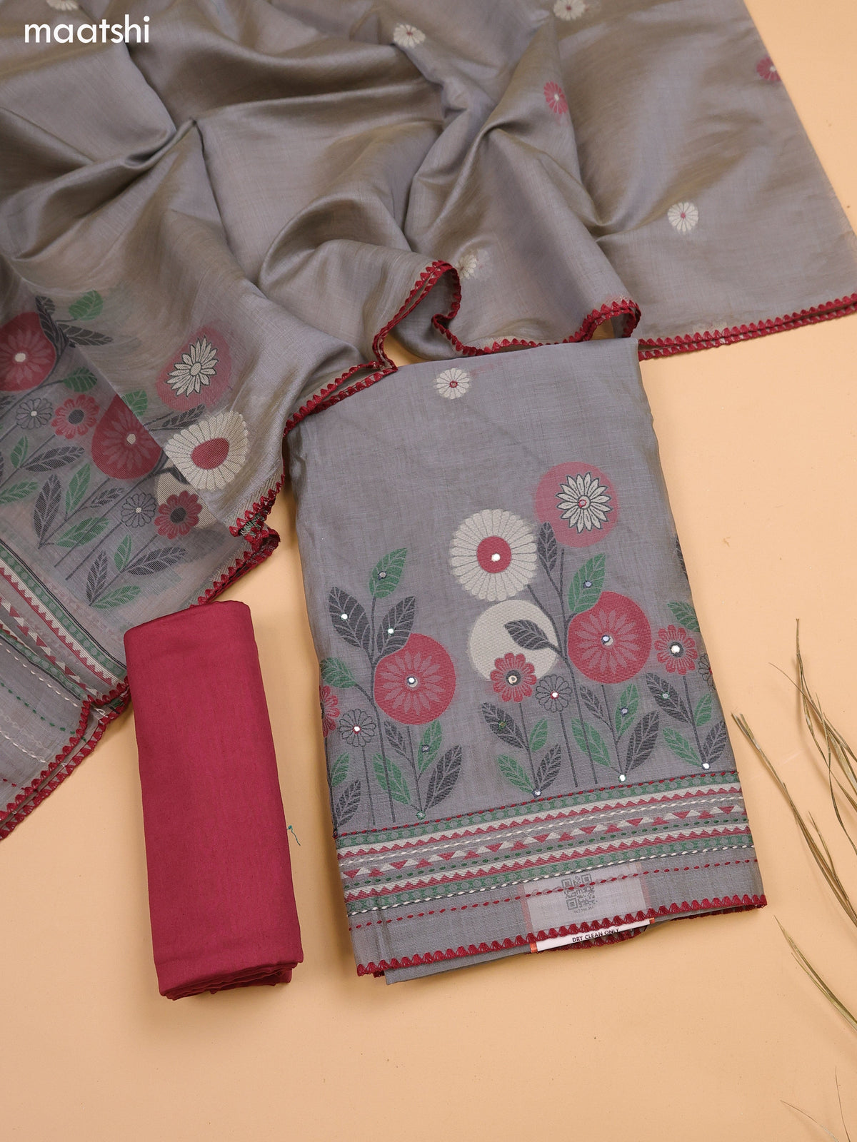Grey and Maroon Chanderi Dress Material and Bottom & Dupatta