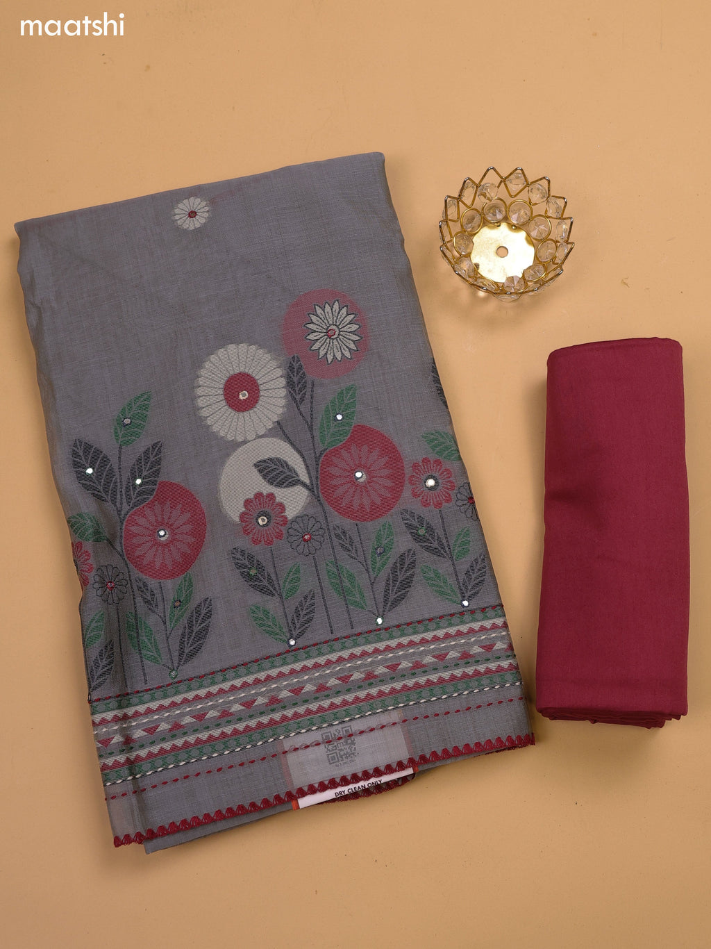 Grey and Maroon Chanderi Dress Material and Bottom & Dupatta