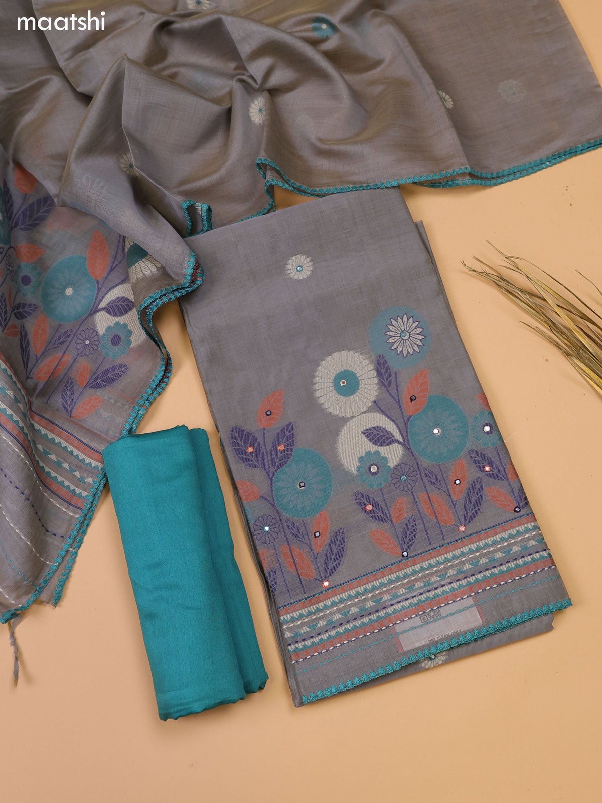 Grey and Teal Green Chanderi Dress Material and Bottom & Dupatta
