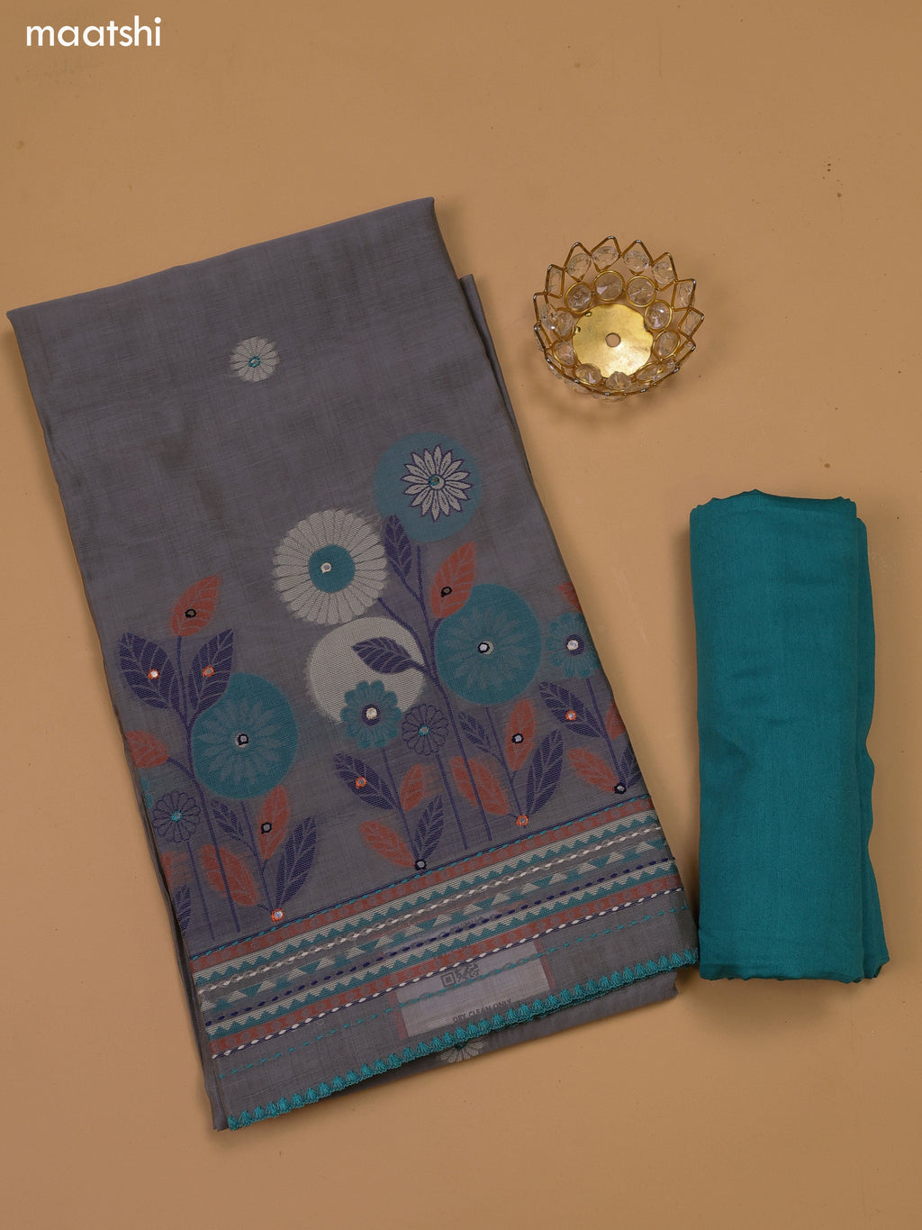 Grey and Teal Green Chanderi Dress Material and Bottom & Dupatta