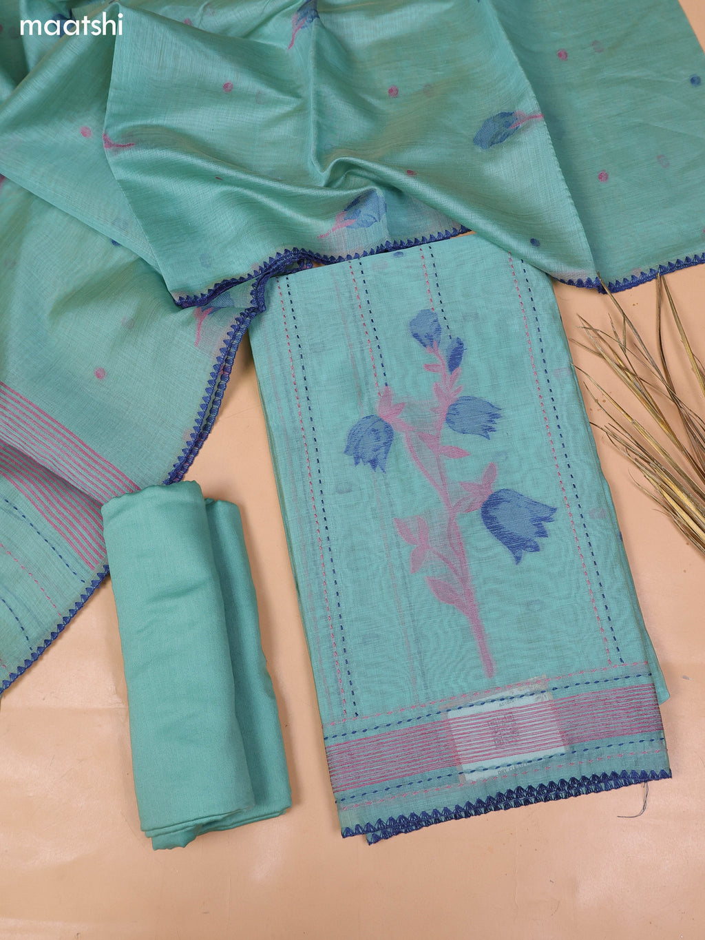 Pastel Blue Chanderi Dress Material With Thread Weaves & Kantha Stitch Work and Bottom & Dupatta