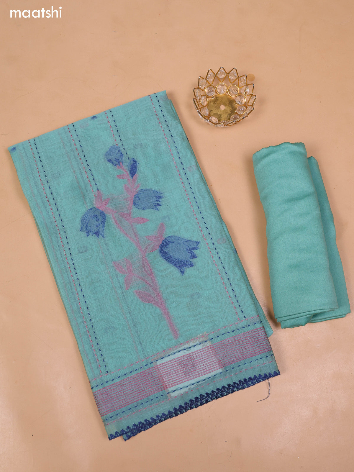 Pastel Blue Chanderi Dress Material With Thread Weaves & Kantha Stitch Work and Bottom & Dupatta