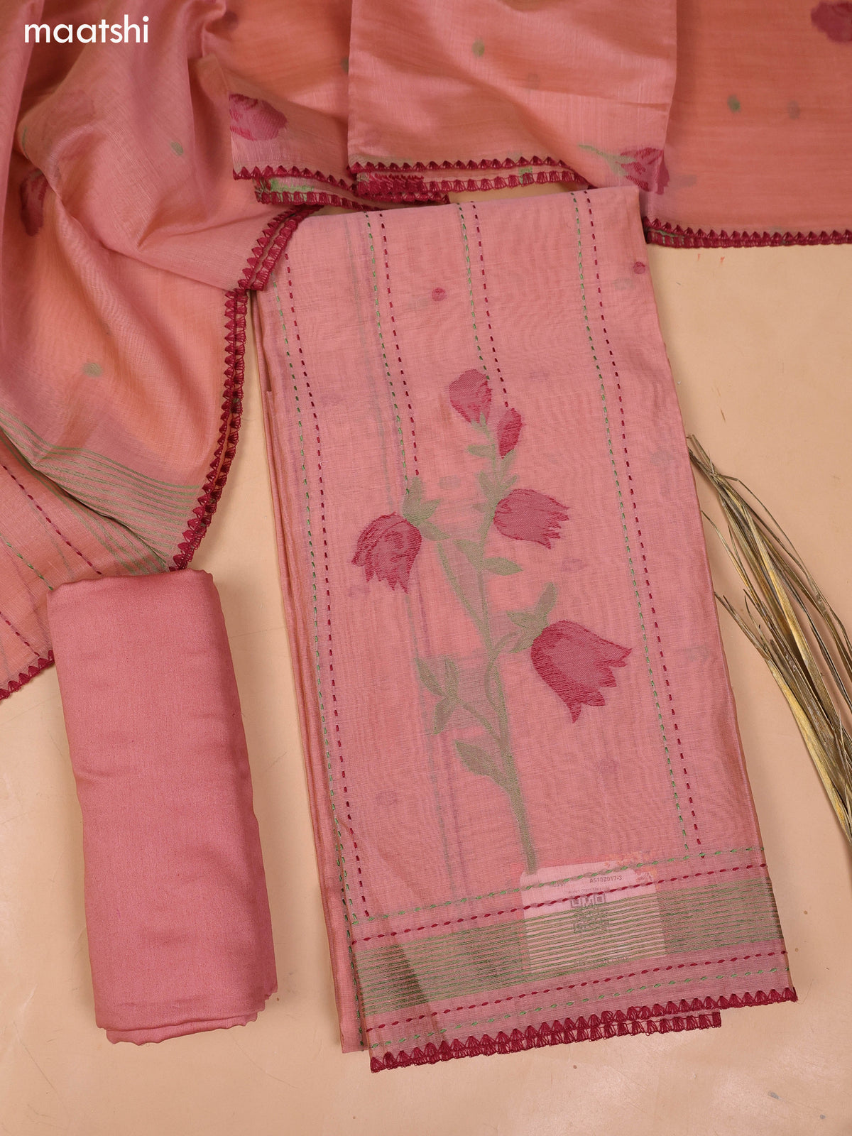 Peach Chanderi Dress Material With Thread Weaves & Kantha Stitch Work and Bottom & Dupatta