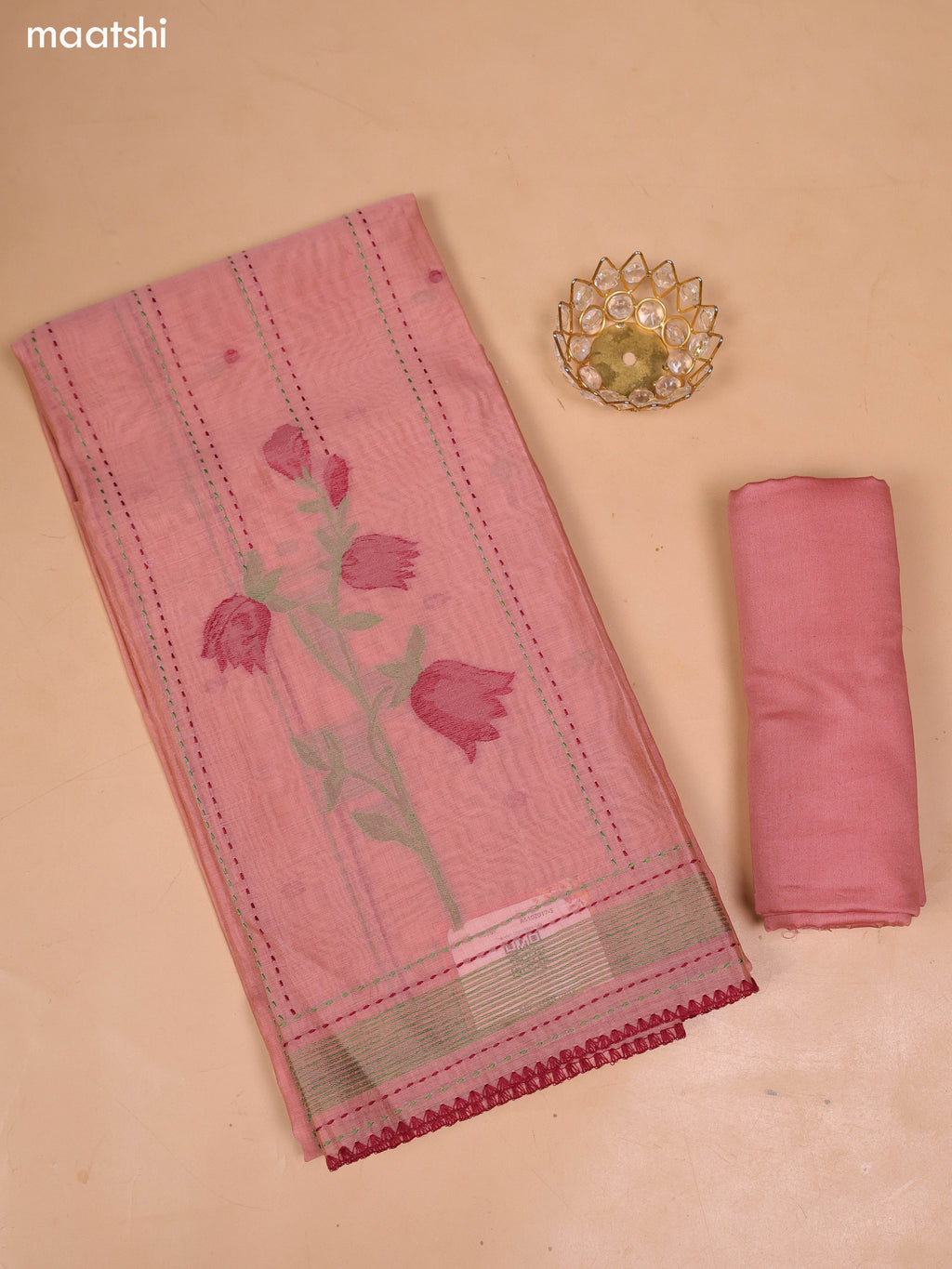 Peach Chanderi Dress Material With Thread Weaves & Kantha Stitch Work and Bottom & Dupatta