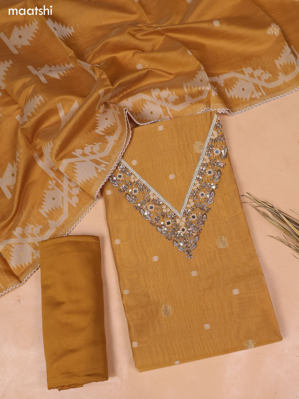 Mustard Chanderi Dress Material and Bottom & Dupatta