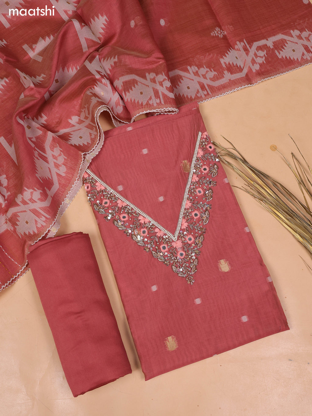 Dark Peach Chanderi Dress Material and Bottom & Dupatta