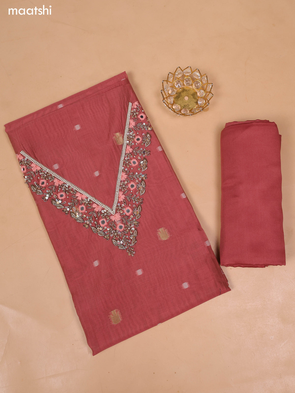 Dark Peach Chanderi Dress Material and Bottom & Dupatta