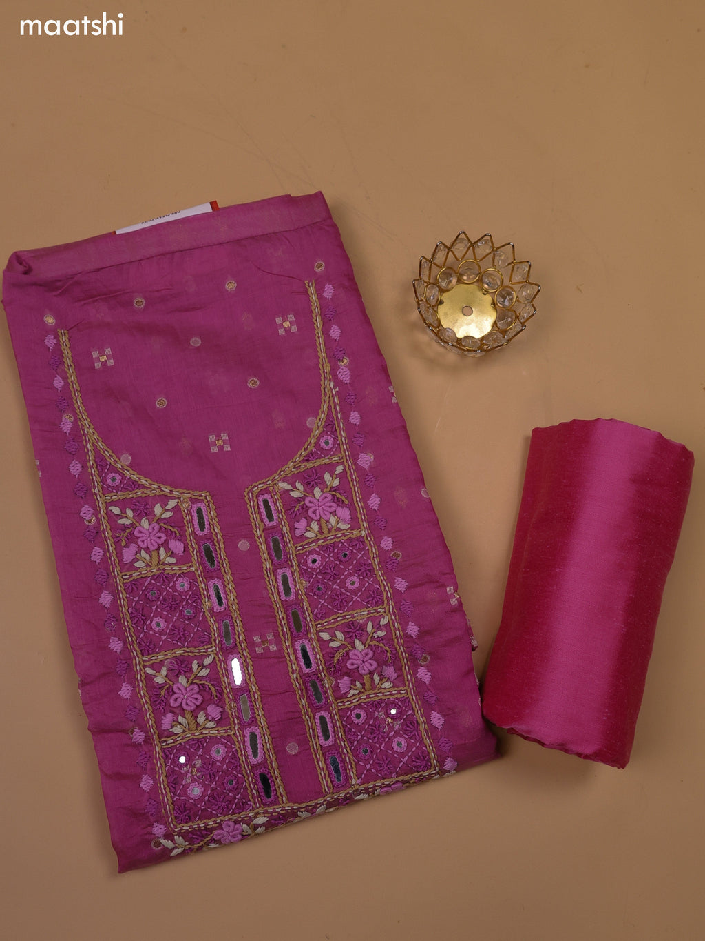Dark Pink Chanderi Dress Material With Kantha Stitch Work and Bottom & Dupatta
