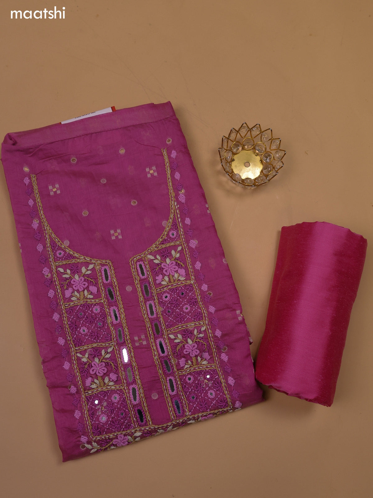 Dark Pink Chanderi Dress Material With Kantha Stitch Work and Bottom & Dupatta
