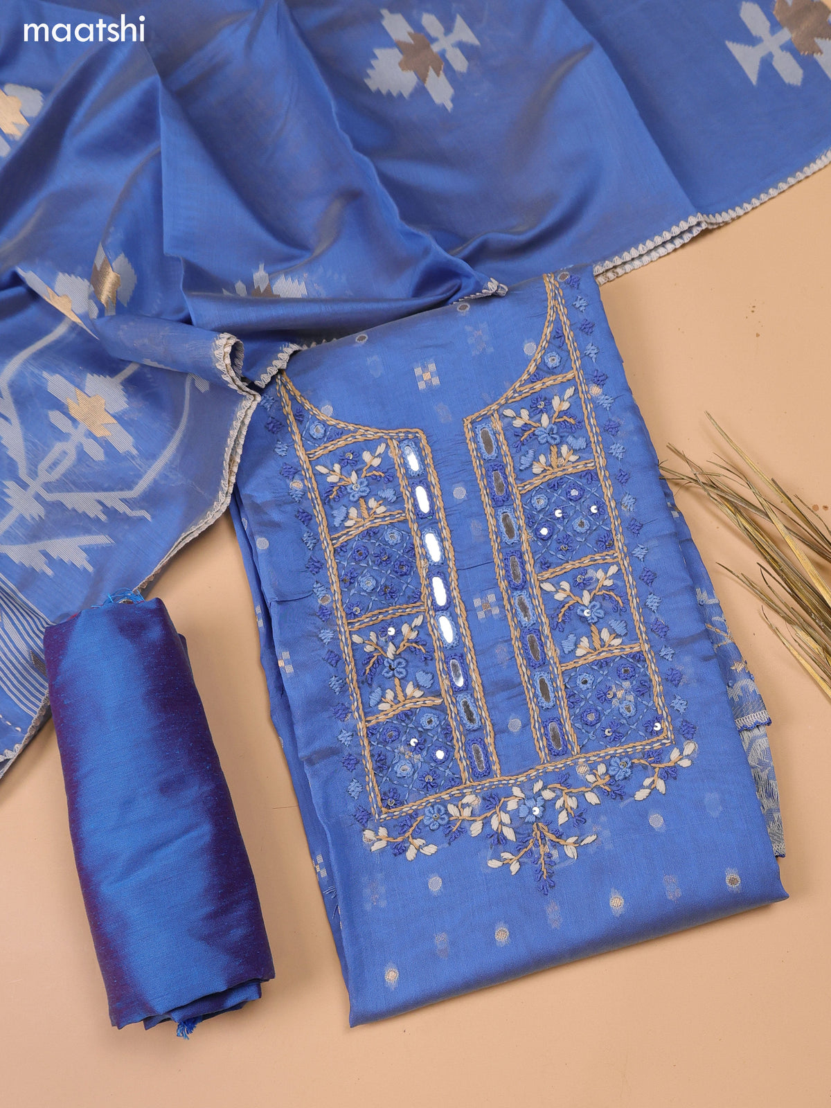 Blue Chanderi Dress Material With Kantha Stitch Work and Bottom & Dupatta