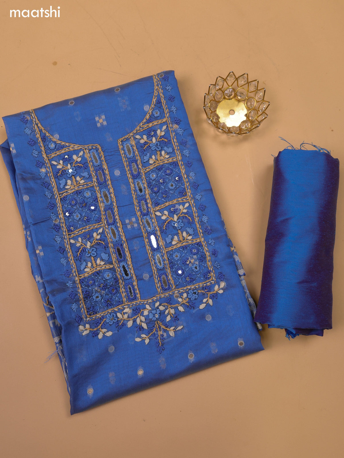 Blue Chanderi Dress Material With Kantha Stitch Work and Bottom & Dupatta